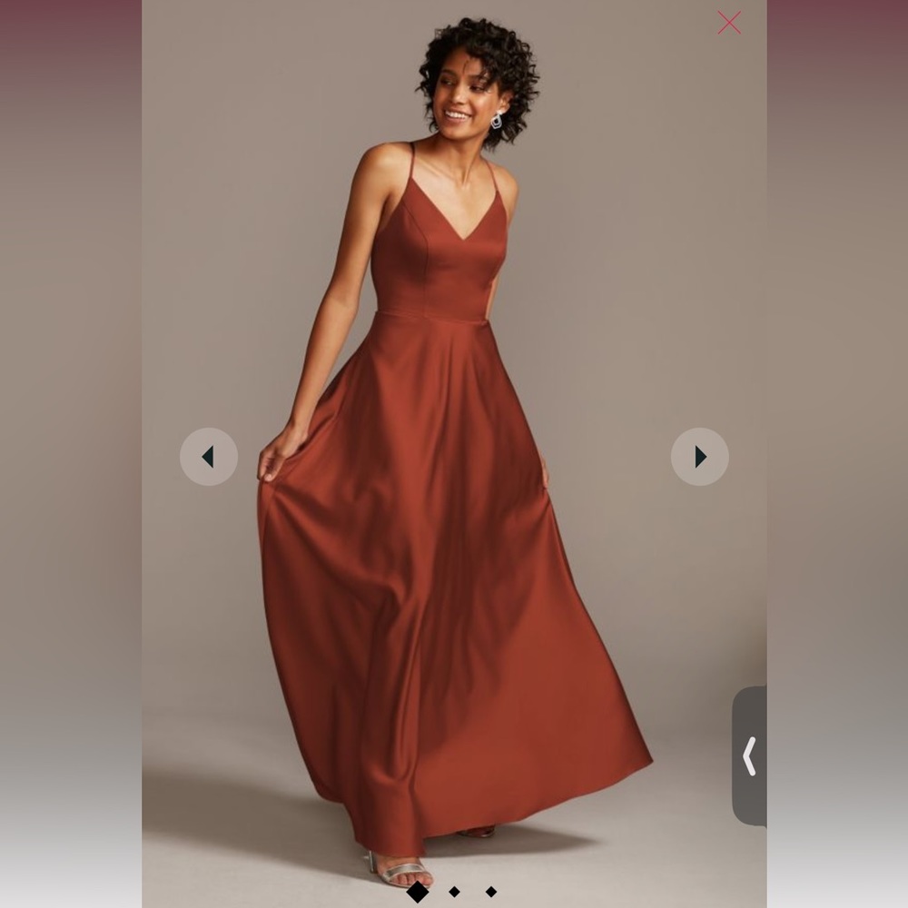David’s Bridal Spaghetti Strap Satin A-Line Long Bridesmaid Dress in Cinnamon